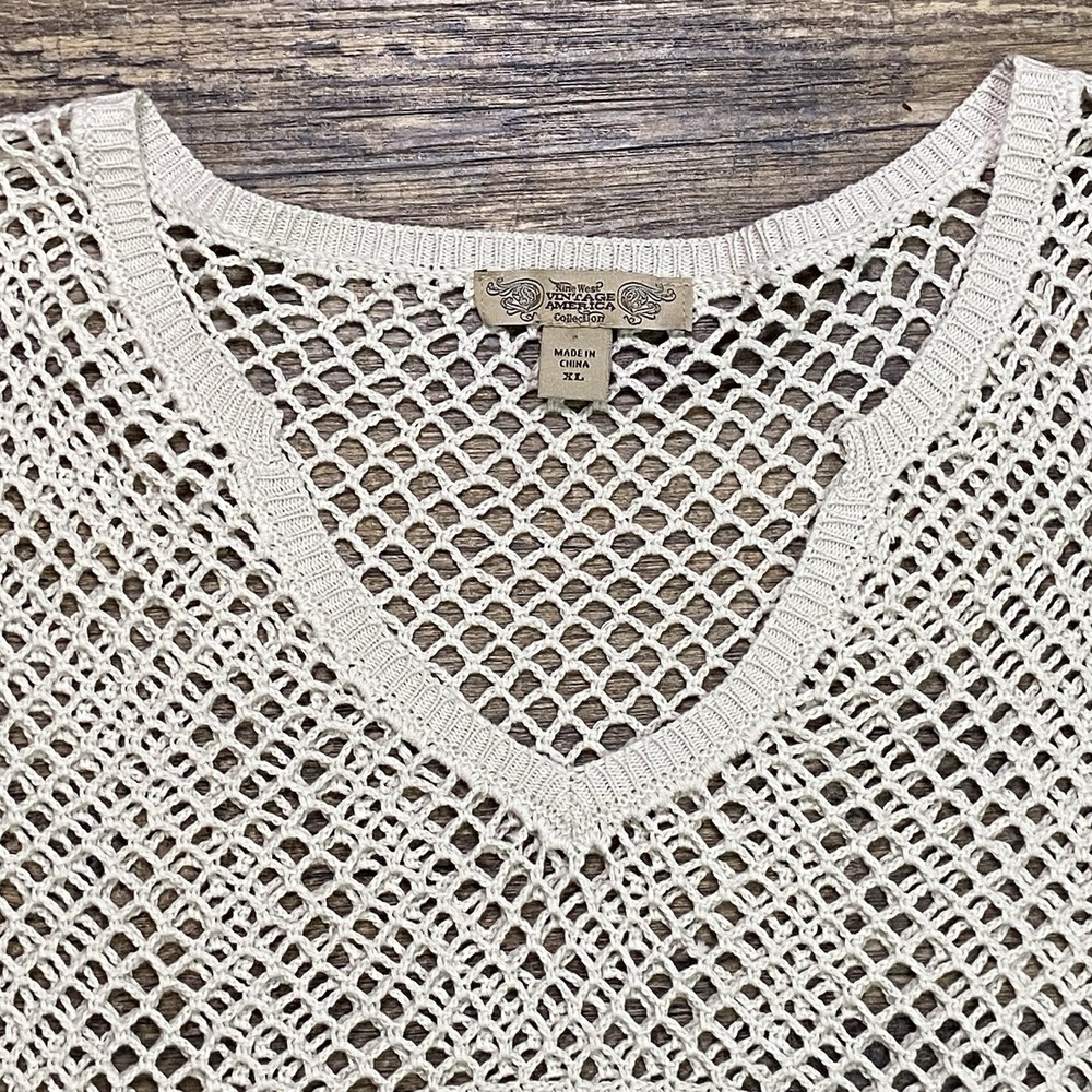 Nine West Cream Crochet Fringe Sweater Women's XL Boho Chic Fairy Grunge Coastal - Picture 3 of 16